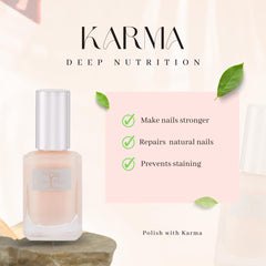Karma Organic Deep Nutrition nail bottle closeup highlights a quick-drying, non-toxic formula.
