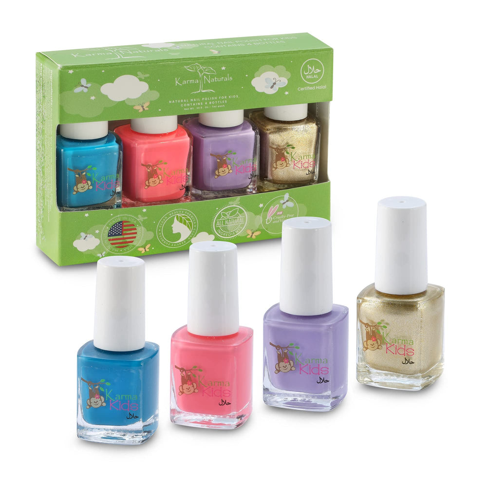 karma organic kids set nail polish bottles closeup highlighting child-safe toxin-free colors