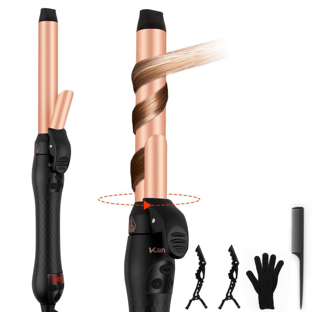 Karrong rotating curling iron on its stand demonstrates a sleek, easy-start styling setup.