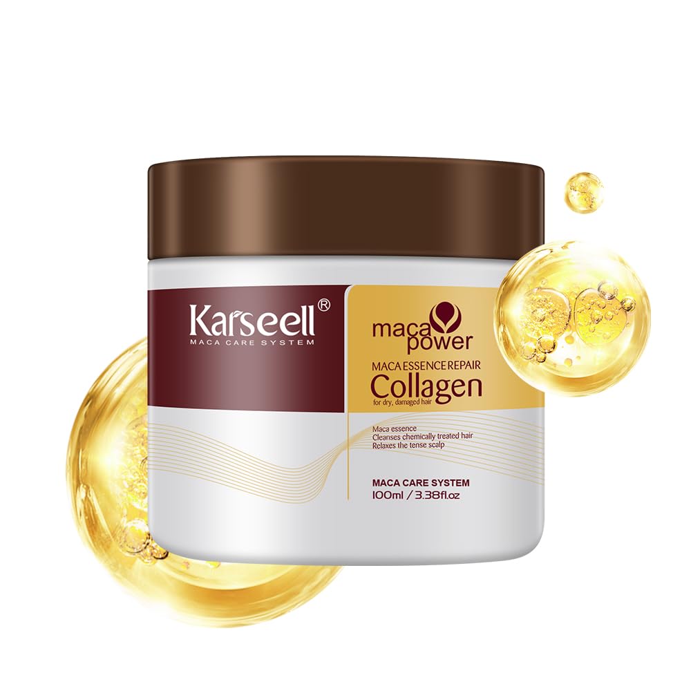 Karseell collagen hair mask jar shows compact travel-ready packaging for conditioning on the go.