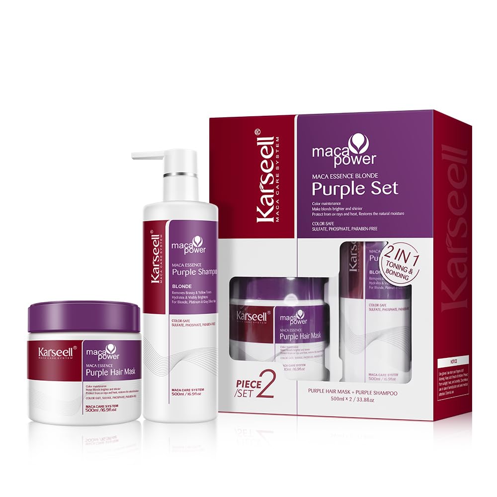 Karseell Maca Power Purple Shampoo bottle showing brass-neutralizing violet pigments for blonde tones.
