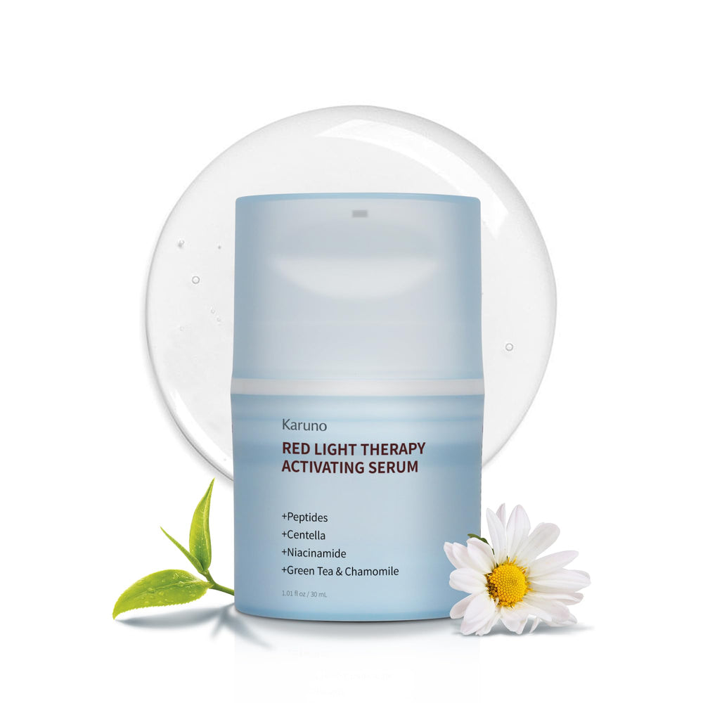 KARUNO red-light activation serum bottle closeup for premium hydration during LED sessions.