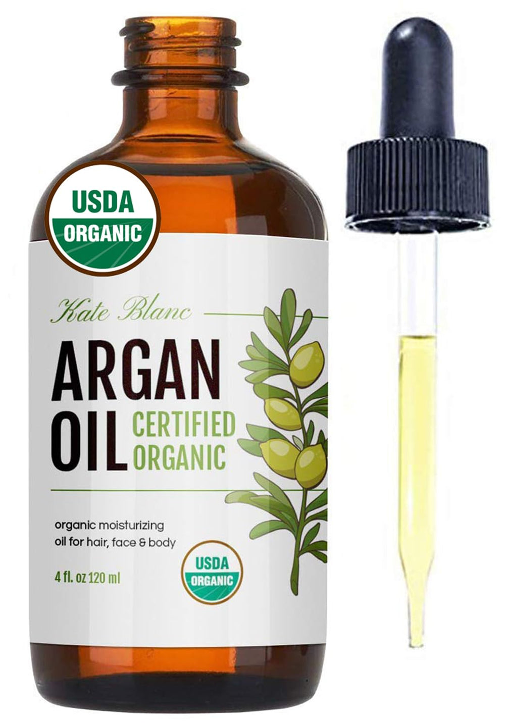Kate Blanc Cosmetics argan oil bottle ready for hair or skin use
