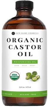 Kate Blanc Cosmetics Castor Oil 16oz glass bottle for nourishing lashes.