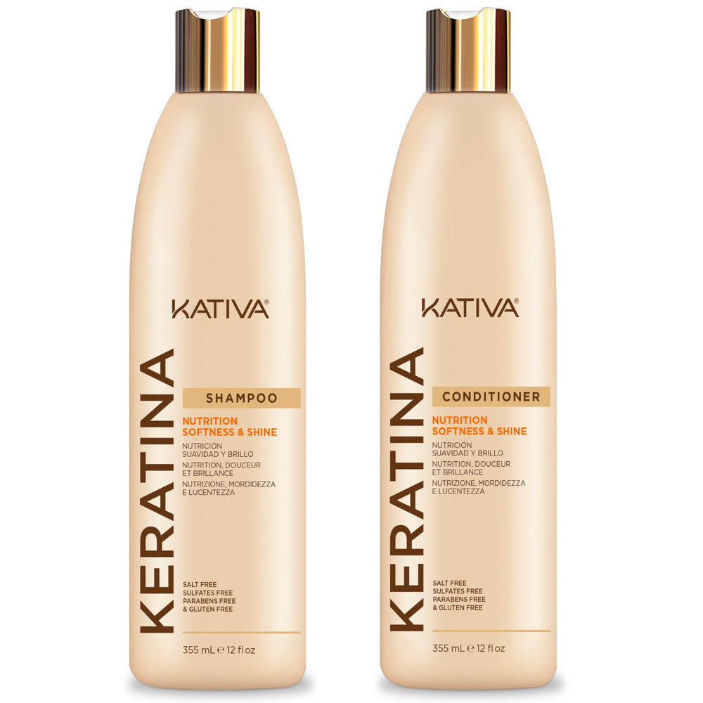 KATIVA Keratin Pack shampoo and conditioner bottles promote nutrition and shine without sulfates.