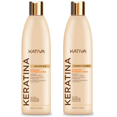 KATIVA Keratin Pack shampoo and conditioner bottles promote nutrition and shine without sulfates.