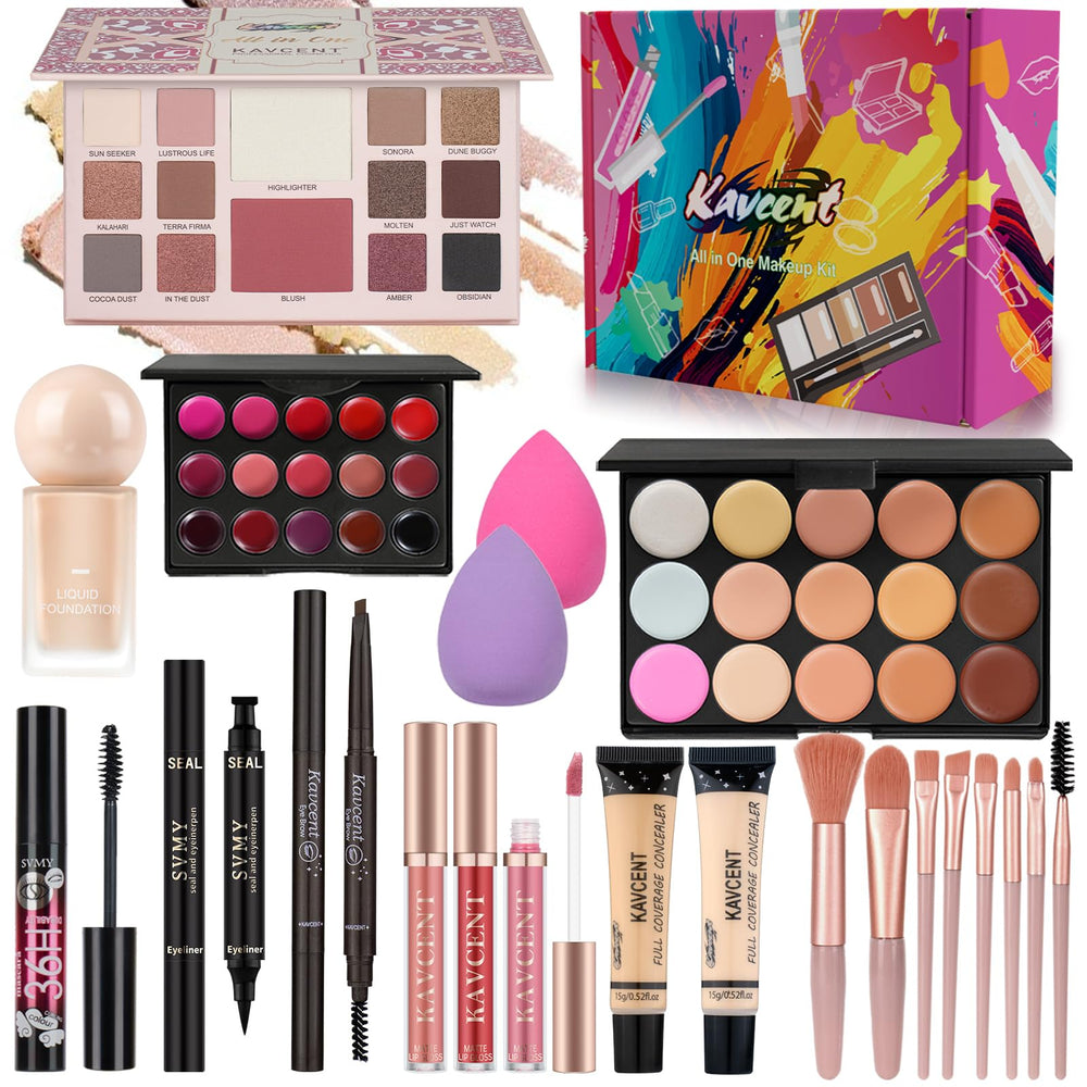 Kavcent all-in-one makeup kit with diverse tones for versatile day-to-night looks.