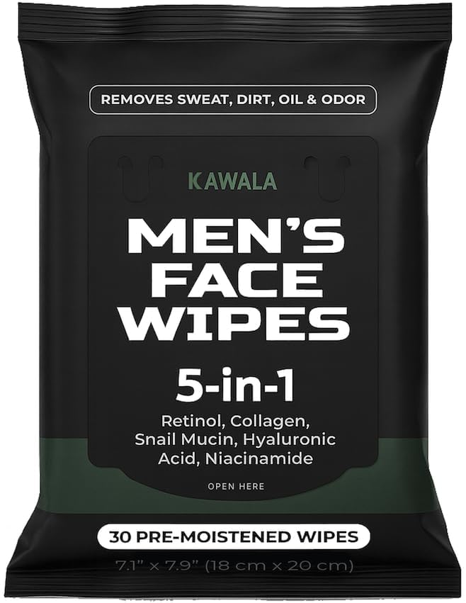 Kawala Men’s Face Wipes pack front in resealable pouch for on-the-go cleansing.