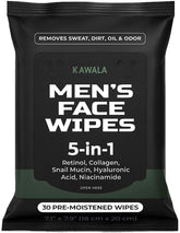 Kawala Men’s Face Wipes pack front in resealable pouch for on-the-go cleansing.