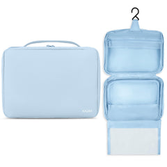 KAZAY hanging toiletry bag in light blue offering portable organization for travel