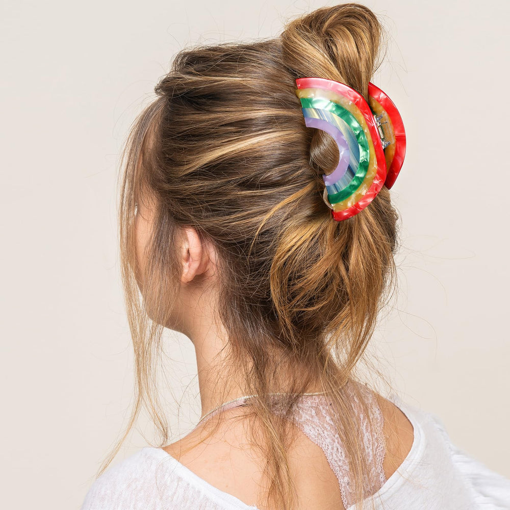 KCHIES rainbow clip worn in a ponytail showing lightweight comfort