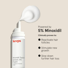Keeps Minoxidil Foam close-up dispenser demonstrates quick, no-drip application.