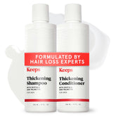 Keeps thickening shampoo bottle demonstrates fuller-looking hair after use.