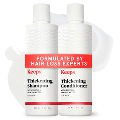 Keeps thickening shampoo bottle demonstrates fuller-looking hair after use.