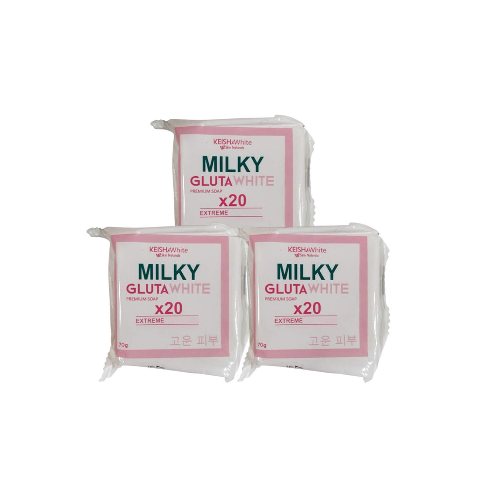 KEISHA Milky GlutaWhite Premium Soap three-bar pack displayed for gentle cleansing and hydration