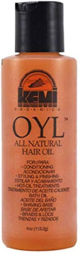 Kemi OYL All Natural Hair Oil bottle pour for quick scalp nourishment and styling prep.