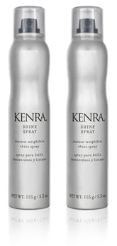 Kenra Shine Spray bottle closeup showing weightless shine and color protection.