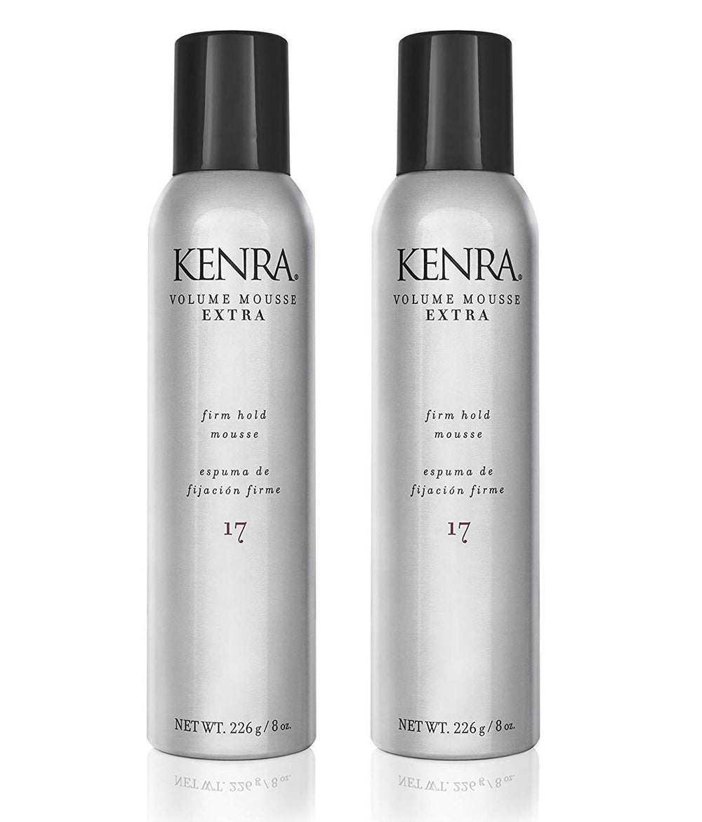 Kenra Volume Mousse Extra 17 bottle on vanity with gentle hold