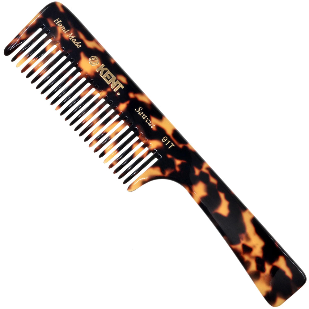 Kent 91T TY wide-tooth detangler comb in hand for easy detangling and grip