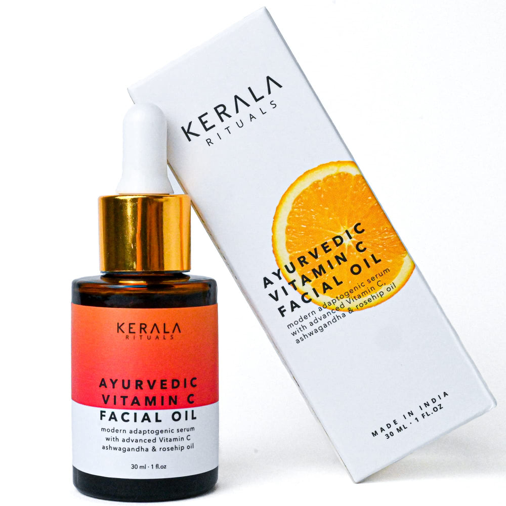 Kerala Rituals Vitamin C Face Oil bottle closeup showing hydrating glow