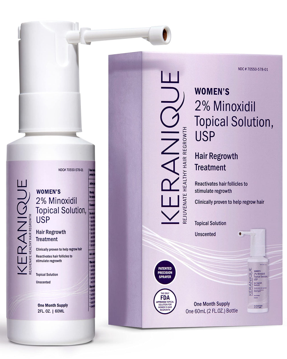 Keranique 2% minoxidil solution with precision sprayer for targeted thinning-area application.
