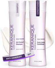 Keranique anti-dandruff shampoo bottle demonstrating scalp relief and gentle cleansing for color-treated hair.