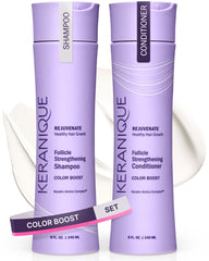 Keranique color-safe shampoo bottle closeup showing color protection for treated hair.