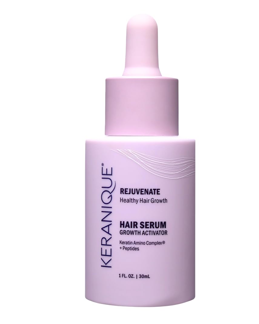 Keranique Hair Growth Activator Serum bottle ready for nightly routine to boost fullness.