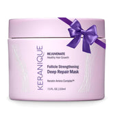 Keranique Hair Mask bottle demonstrates deep repair for softer, more hydrated hair.