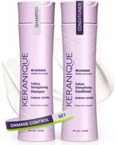 Keranique shampoo bottle highlighting anti-breakage for damaged hair