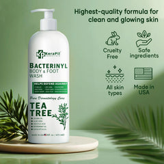 KERAPIL Bacterinyl tea tree oil body wash packaging box highlights USA-made and cruelty-free claims