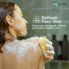 KERAPIL Bacterinyl tea tree oil body wash being poured shows rich lather and refreshing scent