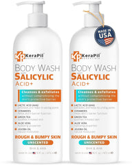 KERAPIL Salicylic Acid Body Wash bottle-front highlights unscented exfoliation for smoother, clearer-looking skin.