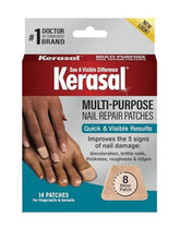 Kerasal patches packaging close-up highlighting at-home nail repair for damaged nails.