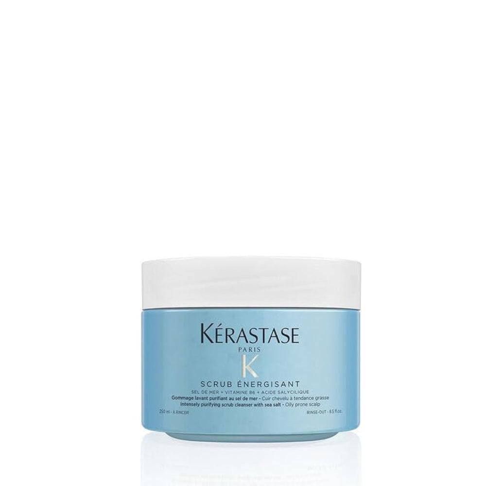 Kerastase Fusio Purifying Scalp Scrub infographic shows exfoliation for oily scalp and refreshed roots