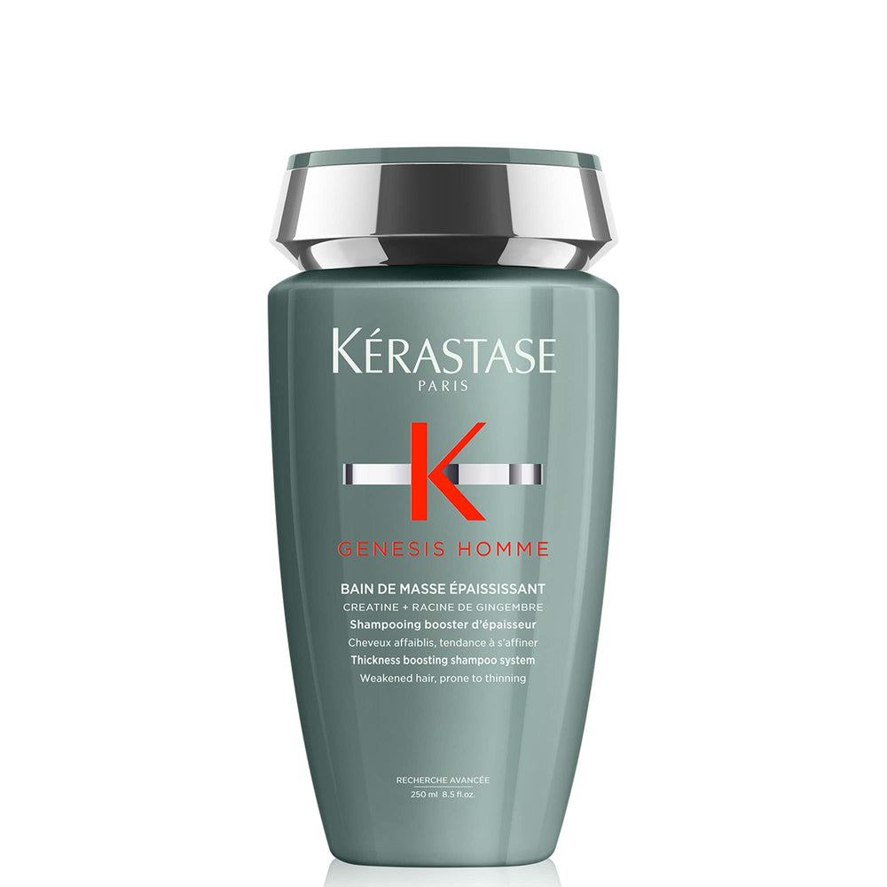 Kerastase Genesis Homme shampoo bottle showing thickening formula for stronger hair.