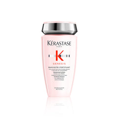 Kerastase Genesis Strengthening Shampoo bottle closeup highlights fortifying formula for breakage-prone hair