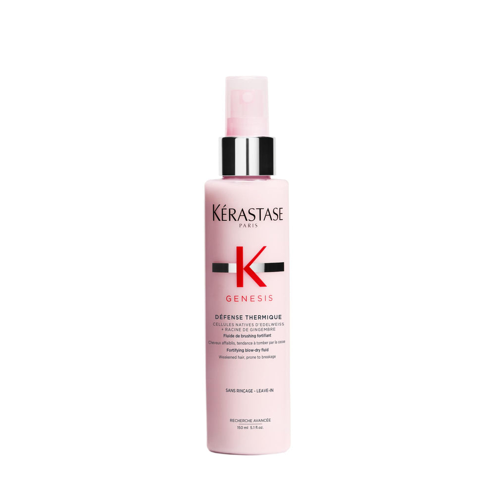 Kerastase Genesis Thermique bottle close-up highlighting heat protection for fragile hair.