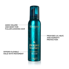 Kerastase Mousse Bouffante on a styling board with heat protection for smooth, lasting hold.