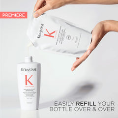 KÉRASTASE Première Bain Decalcifying Shampoo close-up on hair reveals shine and strength