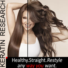 Keratin Research application scene shows at-home treatment ready to smooth hair.