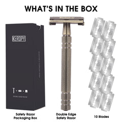Keropy brass safety razor handle close-up highlighting weight and grip