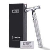 Keropy men's safety razor silver close-up highlighting a precise blade edge for a close shave.