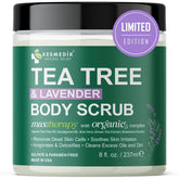 KESMEDIK Pure Tea Tree Scrub bottle closeup showing exfoliation and refreshing scent