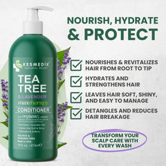 KESMEDIK Tea Tree Lavender Conditioner applying to hair demonstrates detangling ease.