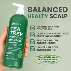 KESMEDIK Tea Tree Oil Shampoo MaxTherapy label highlights natural tea tree extract and sulfate-free formula.