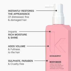 Kevin Murphy Body Mass application scene illustrates leave-in styling for volumized hair.