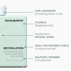 KEVIN.MURPHY MOTION.LOTION on shelf with packaging and nourishing oils