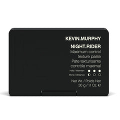 KEVIN.MURPHY NIGHT.RIDER packaging highlights strong hold for secure, matte textured styles.
