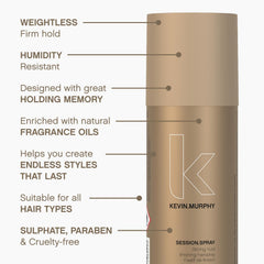 KEVIN.MURPHY SESSION.SPRAY ivy extract close-up highlighting conditioning botanicals.